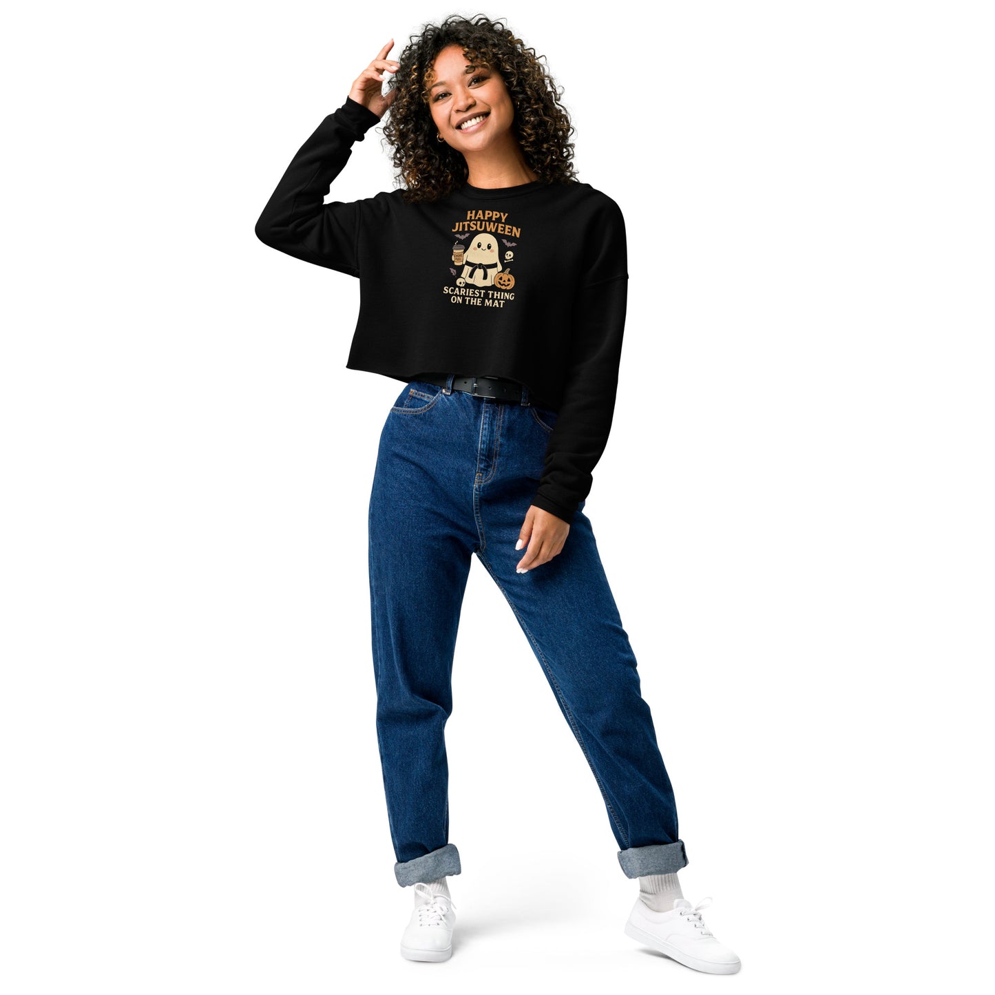 Happy Jitsuween Halloween Crop Sweatshirt – Funny BJJ Ghost Shirt for Women