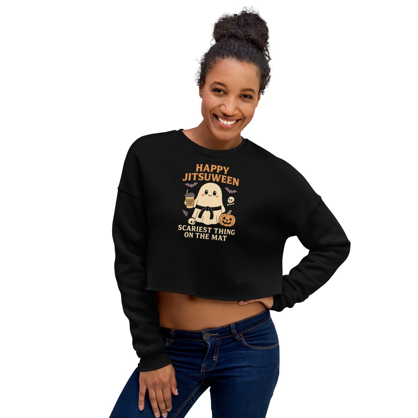 Happy Jitsuween Halloween Crop Sweatshirt – Funny BJJ Ghost Shirt for Women