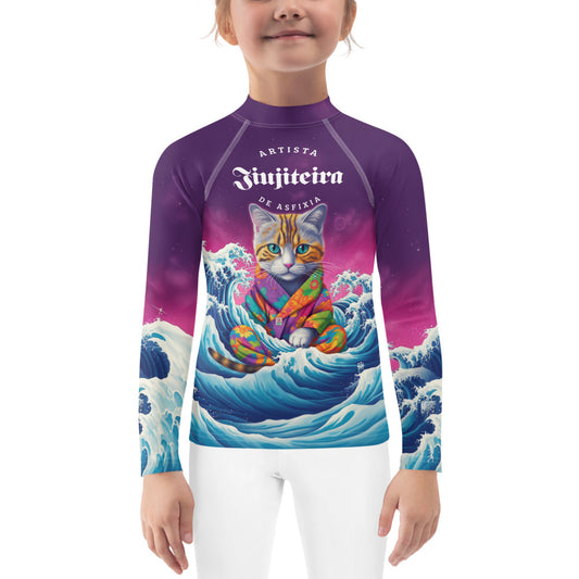 Kids BJJ Rash Guard - Great Wave Inspired Jiujiteira Kitten | Jiujiteira No-Gi Shirt for Girls (Sizes 2T–7)-rash guard-The Women of Jiujitsu