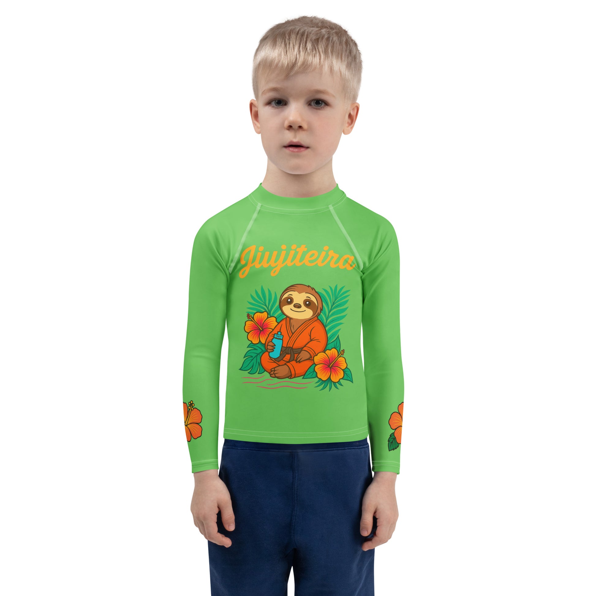Kids BJJ Rash Guard – Green Jiujiteira Sloth Rashguard for Girls | Youth Jiu-Jitsu No-Gi Top by The Women of Jiu-Jitsu, Green-activewear-The Women of Jiujitsu