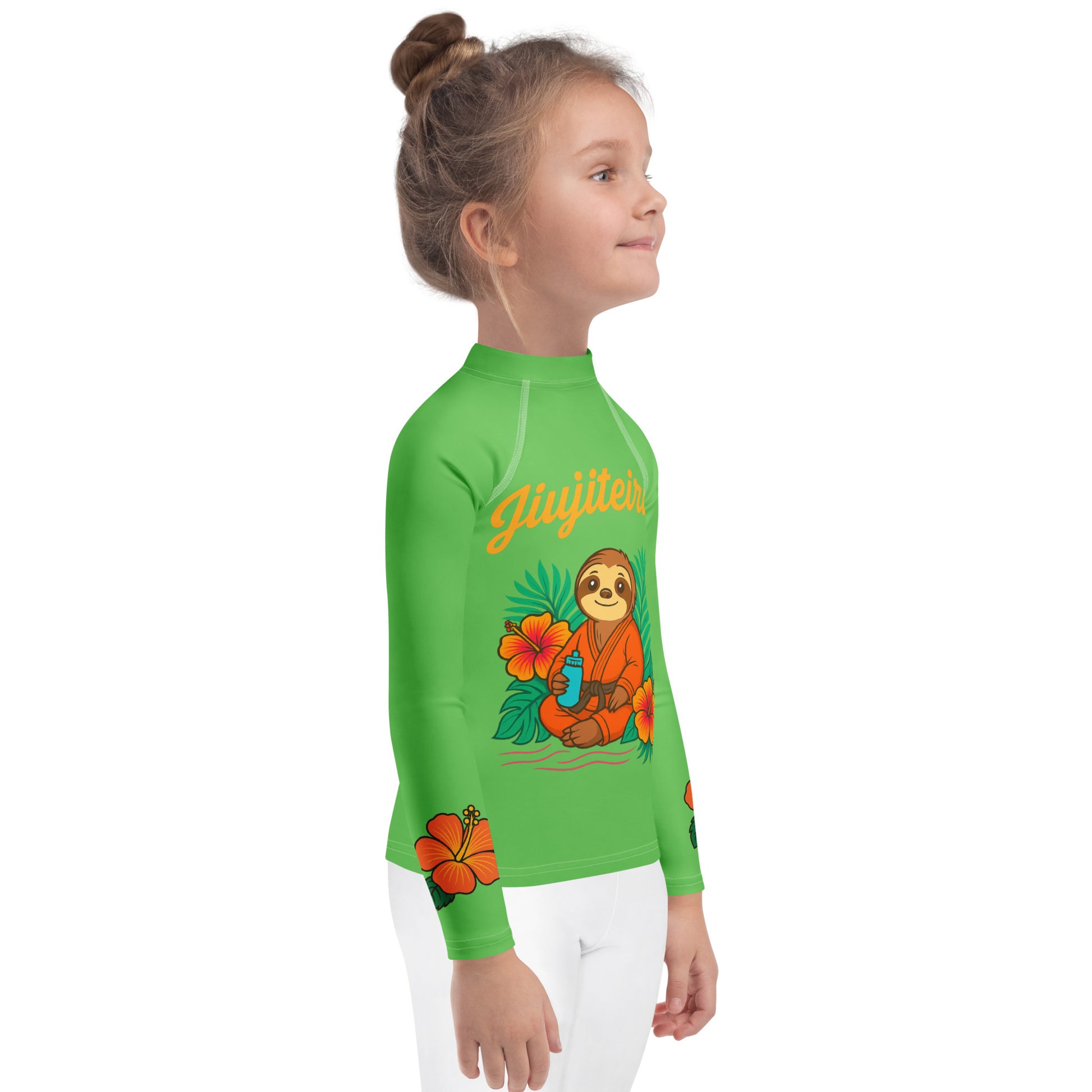 Kids BJJ Rash Guard – Green Jiujiteira Sloth Rashguard for Girls | Youth Jiu-Jitsu No-Gi Top by The Women of Jiu-Jitsu, Green-activewear-The Women of Jiujitsu