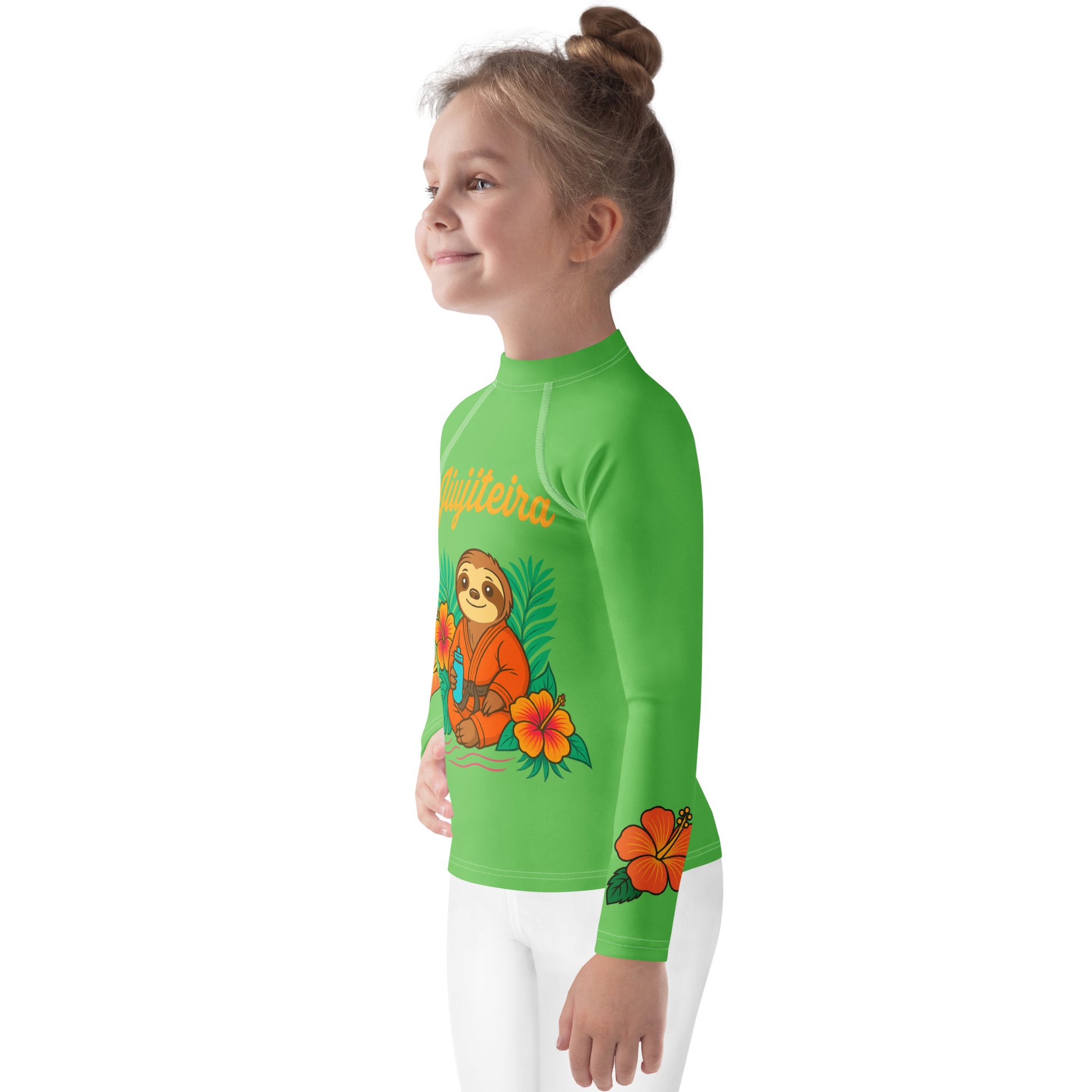 Kids BJJ Rash Guard – Green Jiujiteira Sloth Rashguard for Girls | Youth Jiu-Jitsu No-Gi Top by The Women of Jiu-Jitsu, Green-activewear-The Women of Jiujitsu