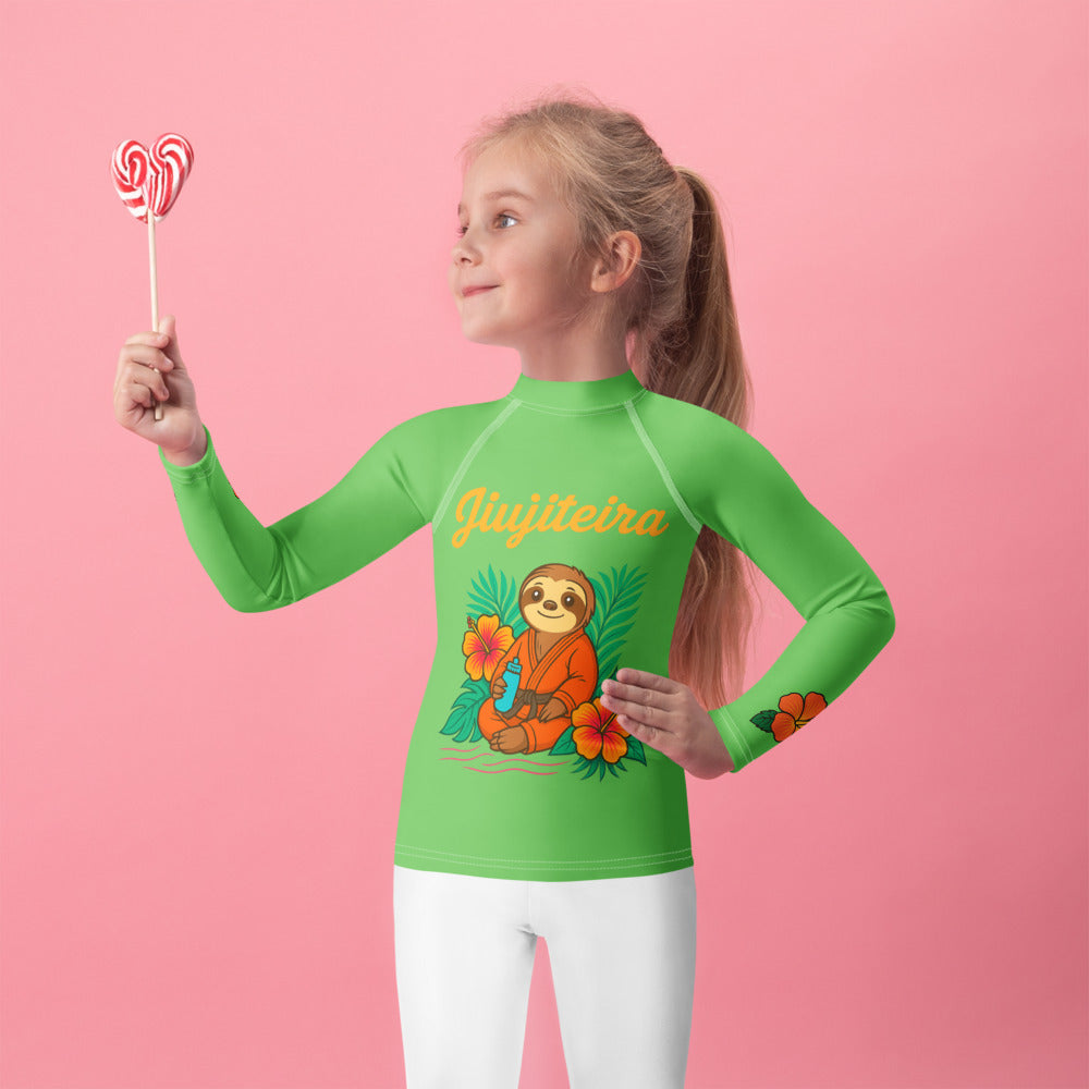 Kids BJJ Rash Guard – Green Jiujiteira Sloth Rashguard for Girls | Youth Jiu-Jitsu No-Gi Top by The Women of Jiu-Jitsu, Green-activewear-The Women of Jiujitsu