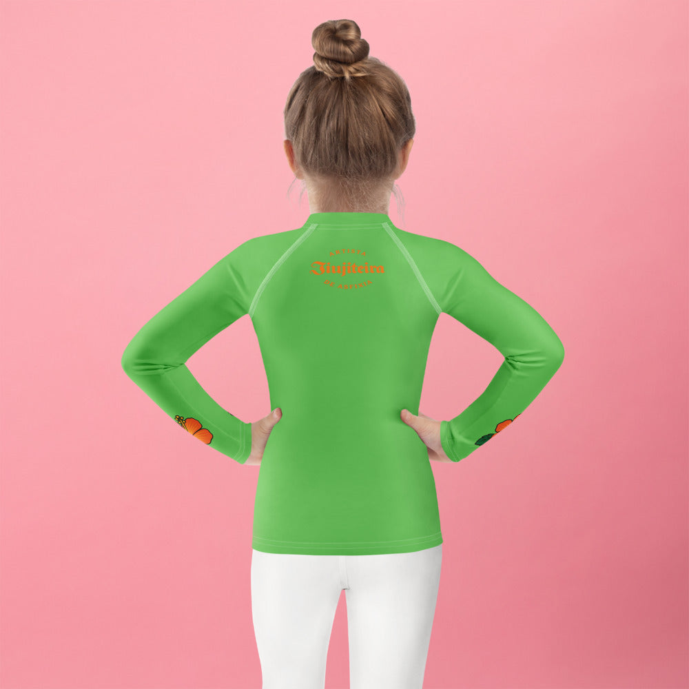 Kids BJJ Rash Guard – Green Jiujiteira Sloth Rashguard for Girls | Youth Jiu-Jitsu No-Gi Top by The Women of Jiu-Jitsu, Green-activewear-The Women of Jiujitsu