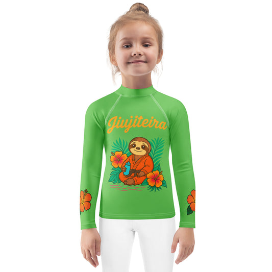 Kids BJJ Rash Guard – Green Jiujiteira Sloth Rashguard for Girls | Youth Jiu-Jitsu No-Gi Top by The Women of Jiu-Jitsu, Green-activewear-The Women of Jiujitsu