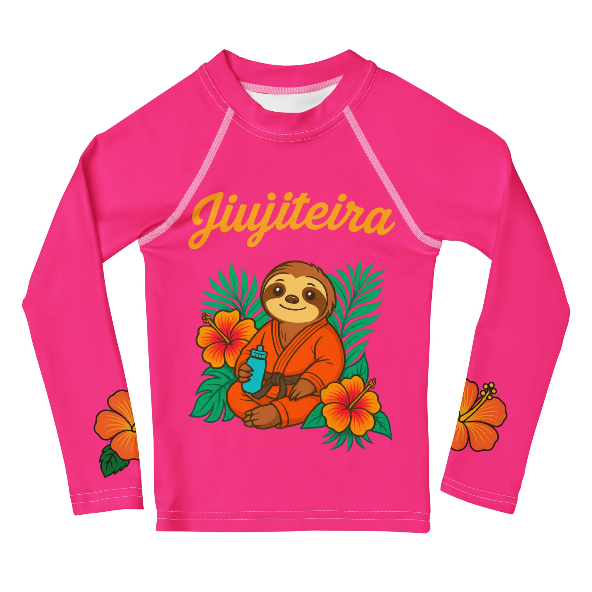 Kids BJJ Rash Guard – Pink Jiujiteira Sloth Rashguard for Girls | Youth Jiu-Jitsu No-Gi Top by The Women of Jiu-Jitsu-rash guard-The Women of Jiujitsu