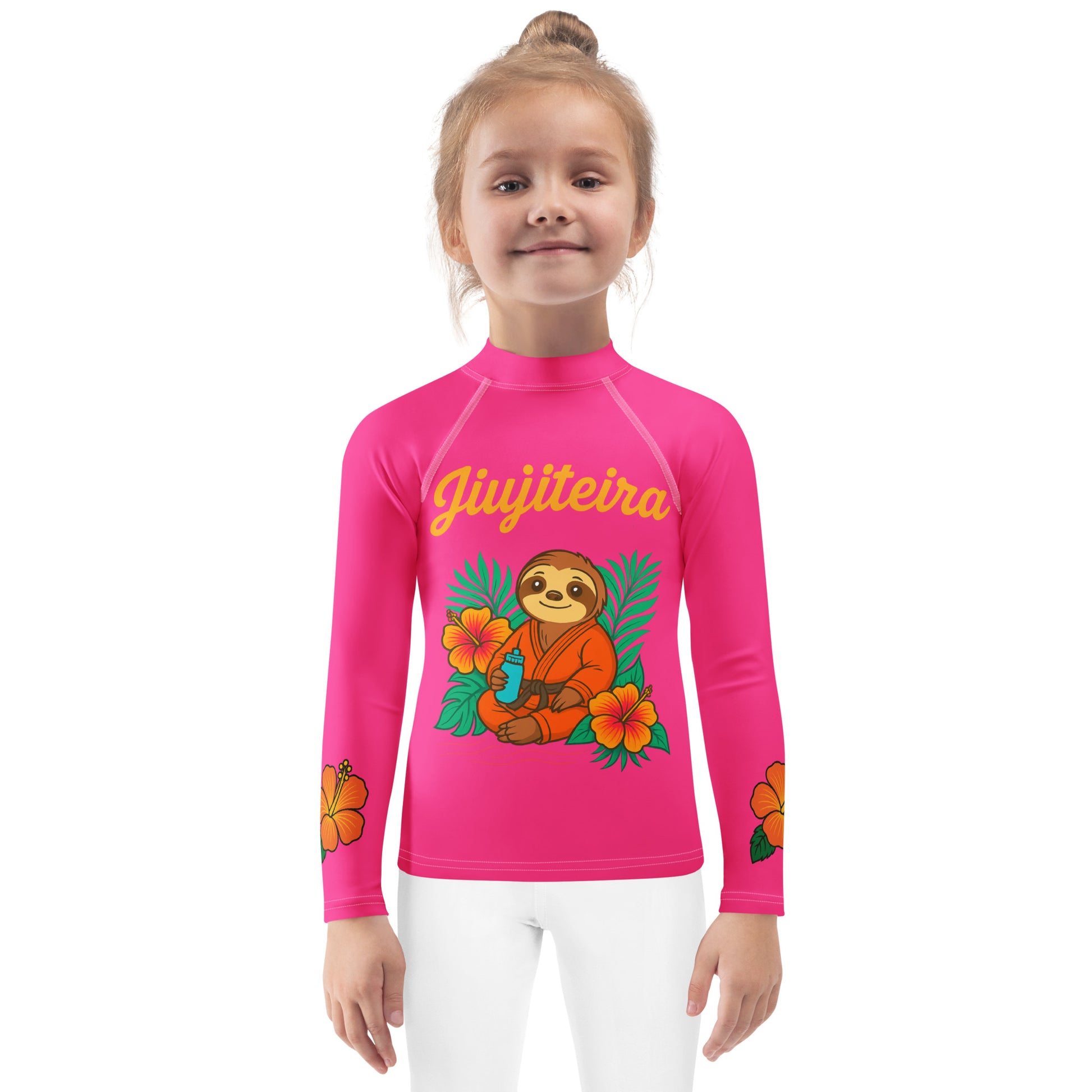 Kids BJJ Rash Guard – Pink Jiujiteira Sloth Rashguard for Girls | Youth Jiu-Jitsu No-Gi Top by The Women of Jiu-Jitsu-rash guard-The Women of Jiujitsu