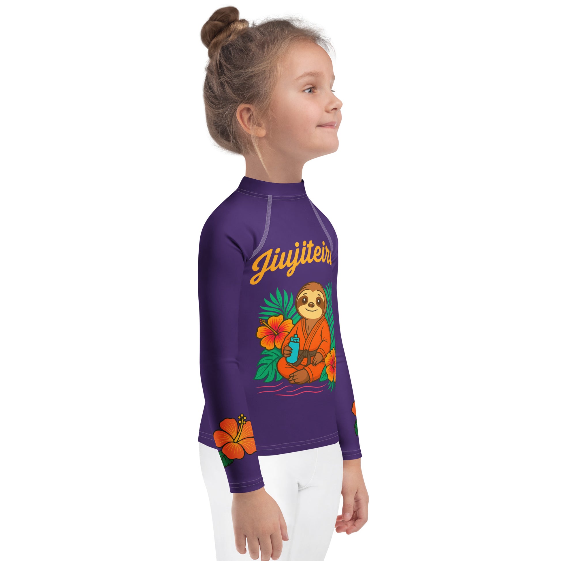 Kids BJJ Rash Guard – Purple Jiujiteira Sloth Rashguard for Girls | Youth Jiu-Jitsu No-Gi Top by The Women of Jiu-Jitsu, Purple-activewear-The Women of Jiujitsu