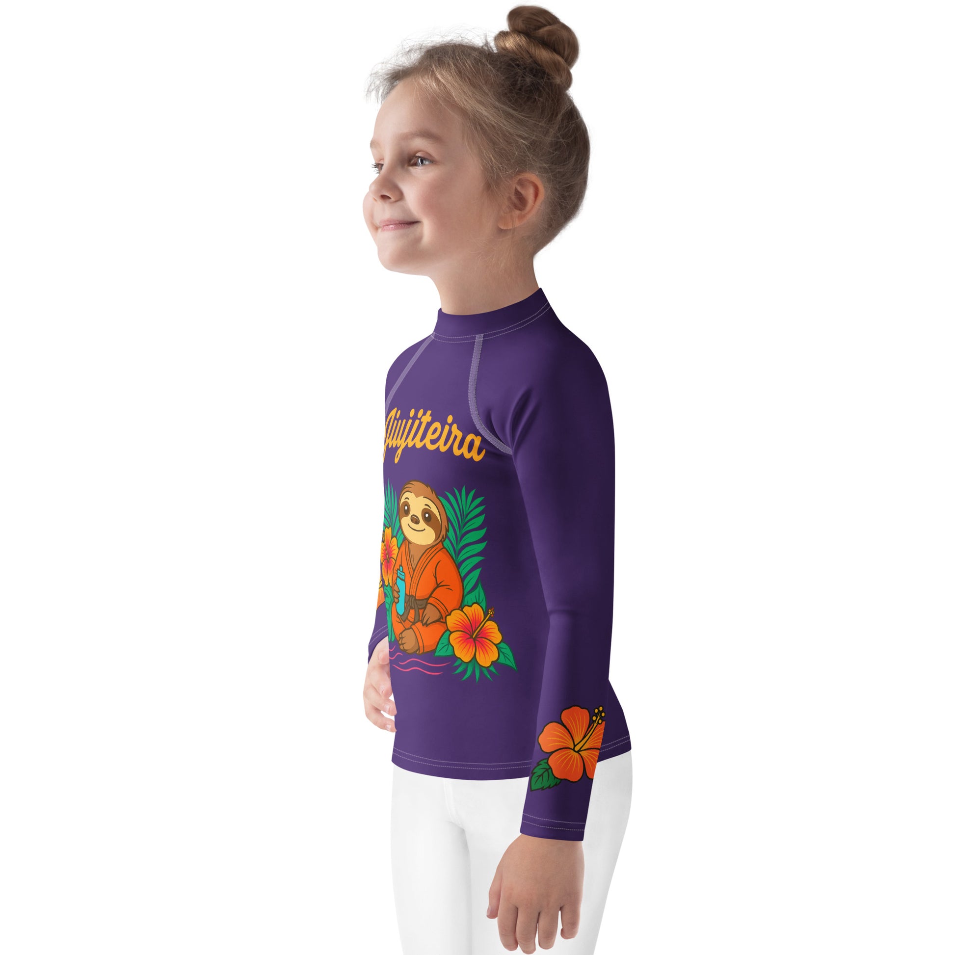 Kids BJJ Rash Guard – Purple Jiujiteira Sloth Rashguard for Girls | Youth Jiu-Jitsu No-Gi Top by The Women of Jiu-Jitsu, Purple-activewear-The Women of Jiujitsu