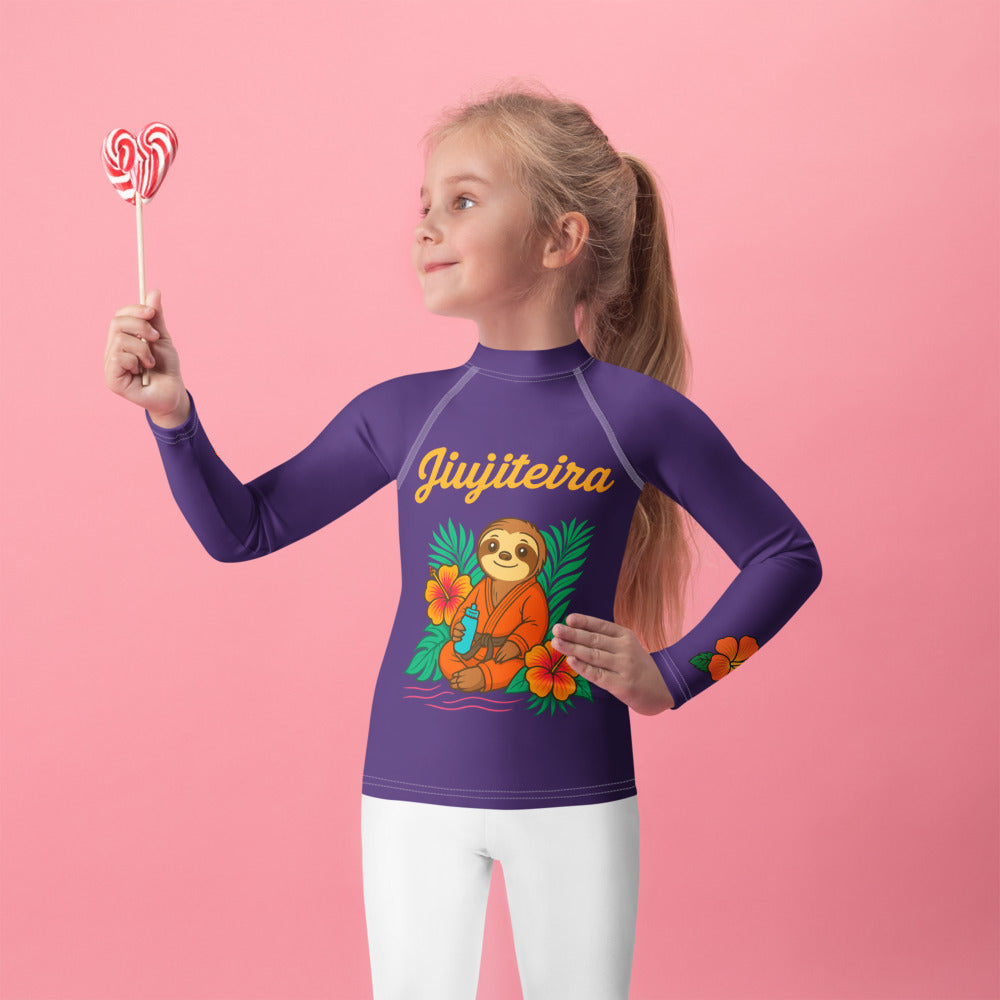Kids BJJ Rash Guard – Purple Jiujiteira Sloth Rashguard for Girls | Youth Jiu-Jitsu No-Gi Top by The Women of Jiu-Jitsu, Purple-activewear-The Women of Jiujitsu