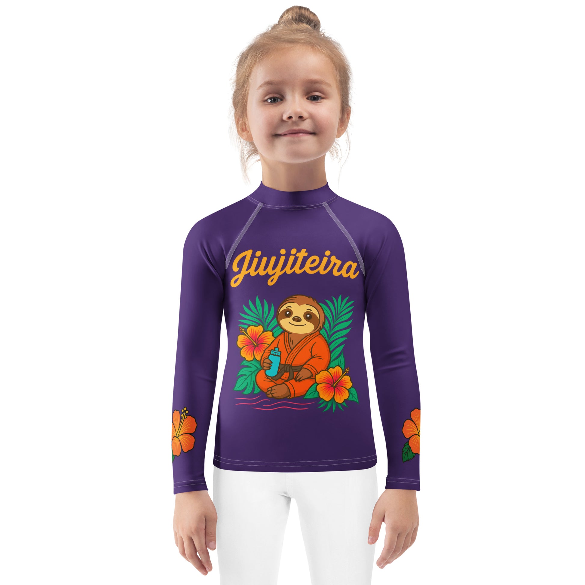 Kids BJJ Rash Guard – Purple Jiujiteira Sloth Rashguard for Girls | Youth Jiu-Jitsu No-Gi Top by The Women of Jiu-Jitsu, Purple-activewear-The Women of Jiujitsu