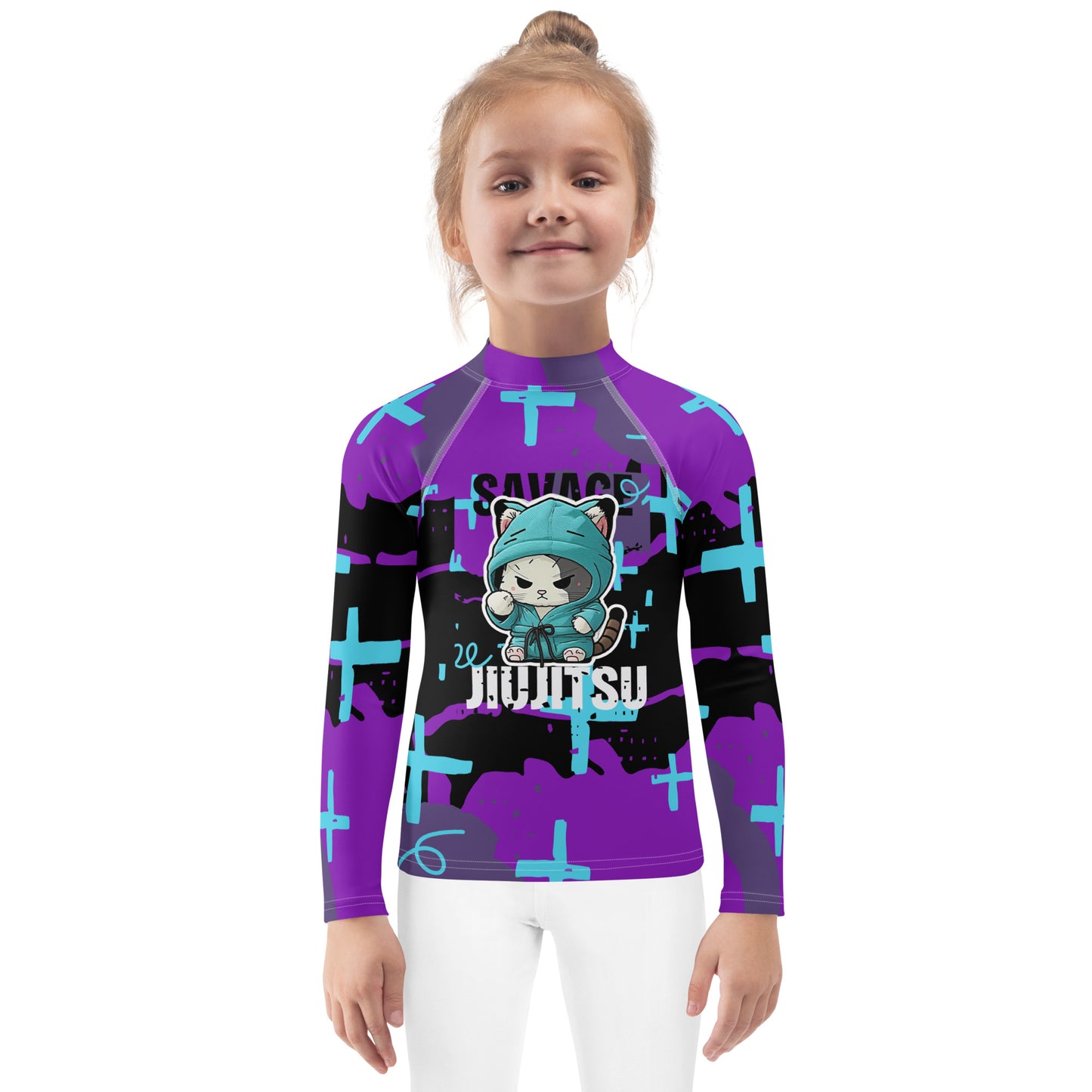 Kids BJJ Rash Guard- SAVAGE Jiujitsu Kitty | Jiujiteira No-Gi Shirt for Girls (Sizes 2T–7)-rash guard-The Women of Jiujitsu