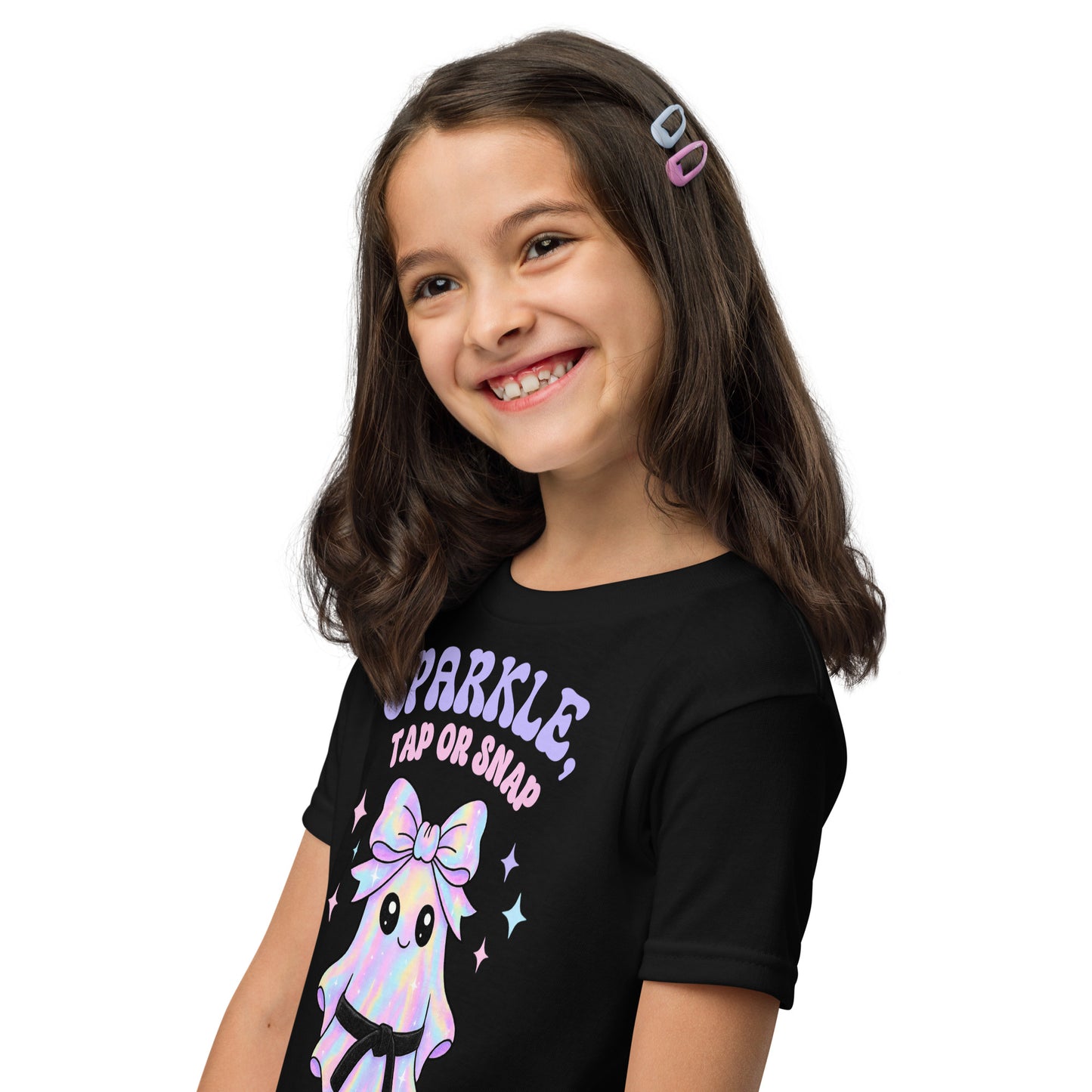 Kids Halloween BJJ Shirt – “Sparkle, Tap or Snap” Ghost Tee for Girls | Jiu-Jitsu T-Shirt