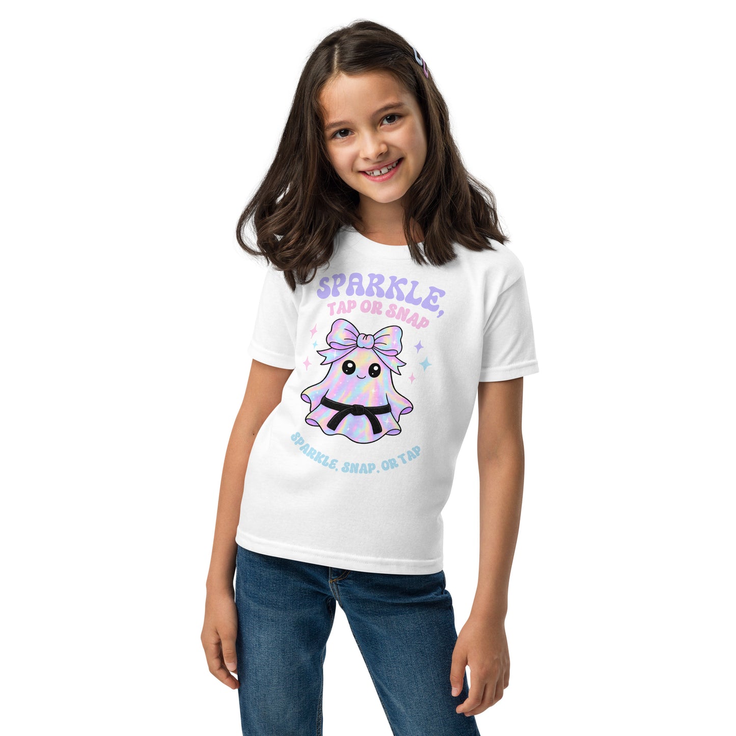 Kids Halloween BJJ Shirt – “Sparkle, Tap or Snap” Ghost Tee for Girls | Jiu-Jitsu T-Shirt