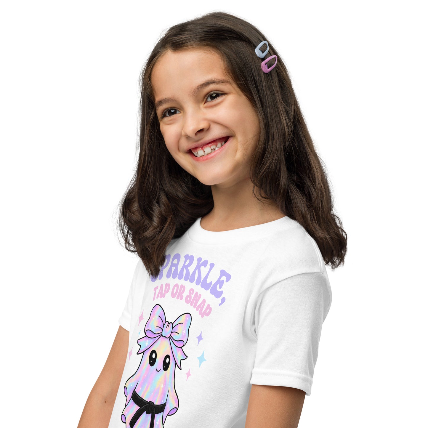 Kids Halloween BJJ Shirt – “Sparkle, Tap or Snap” Ghost Tee for Girls | Jiu-Jitsu T-Shirt