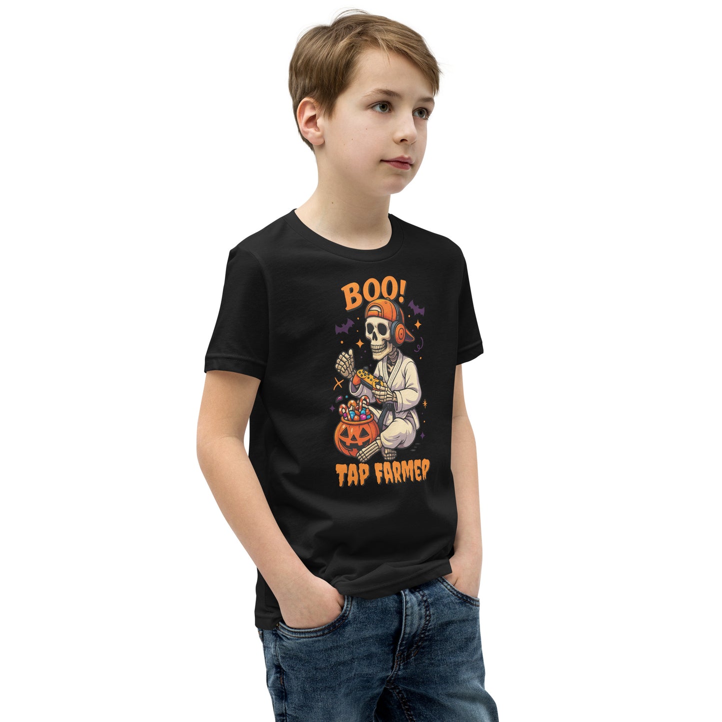 Tap Farmer BJJ Skeleton Halloween Shirt β Funny Youth Jiu-Jitsu Tee | BOO! Gamer Martial Arts T-Shirt