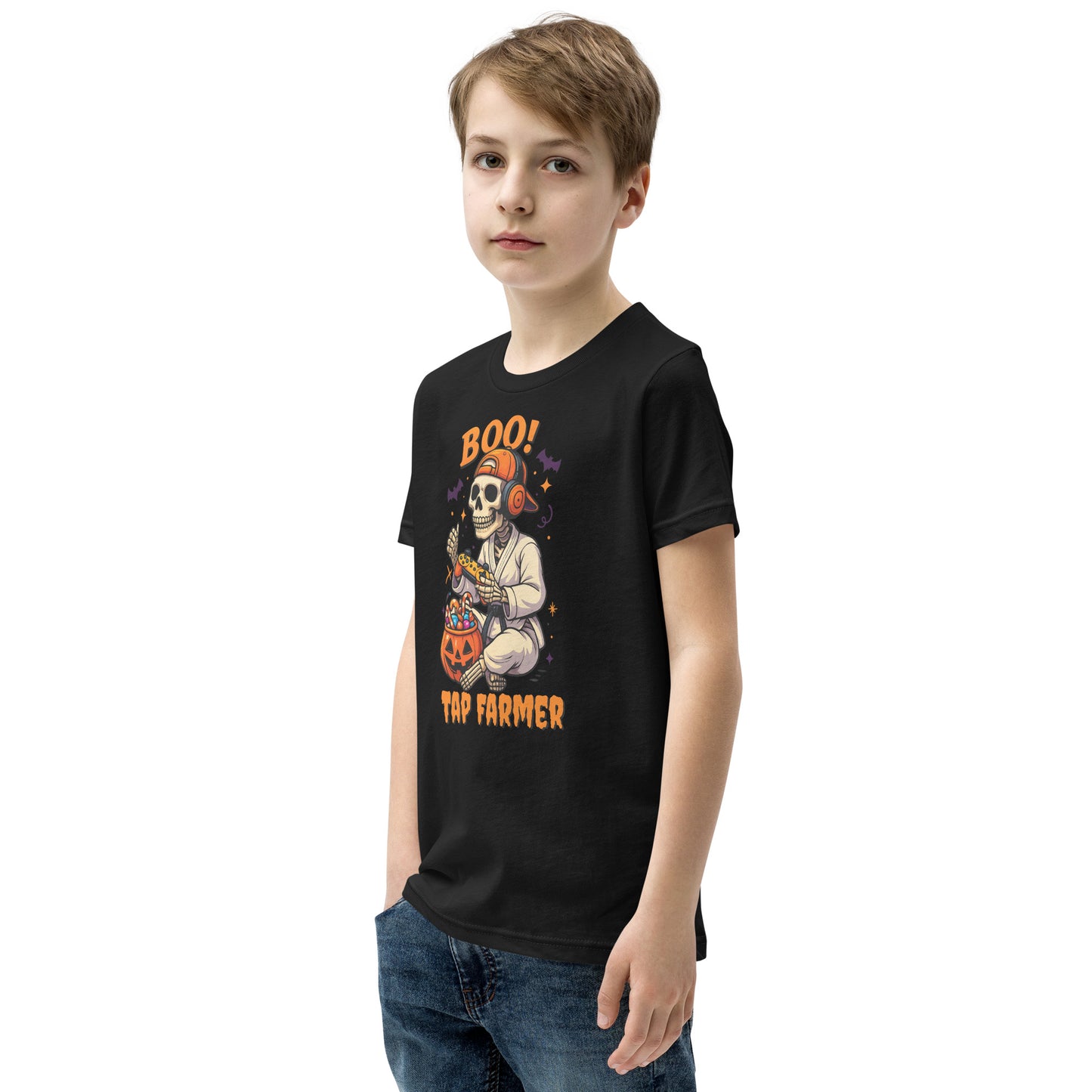 Tap Farmer BJJ Skeleton Halloween Shirt β Funny Youth Jiu-Jitsu Tee | BOO! Gamer Martial Arts T-Shirt