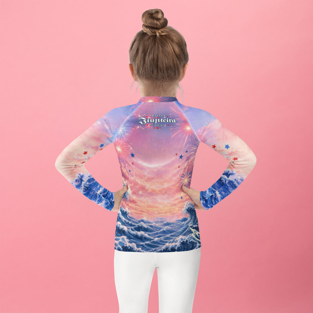 Kids Patriotic Cat Rash Guard | Funny 4th of July BJJ Rashguard for Boys & Girls | Jiujiteira No-Gi Compression Shirt