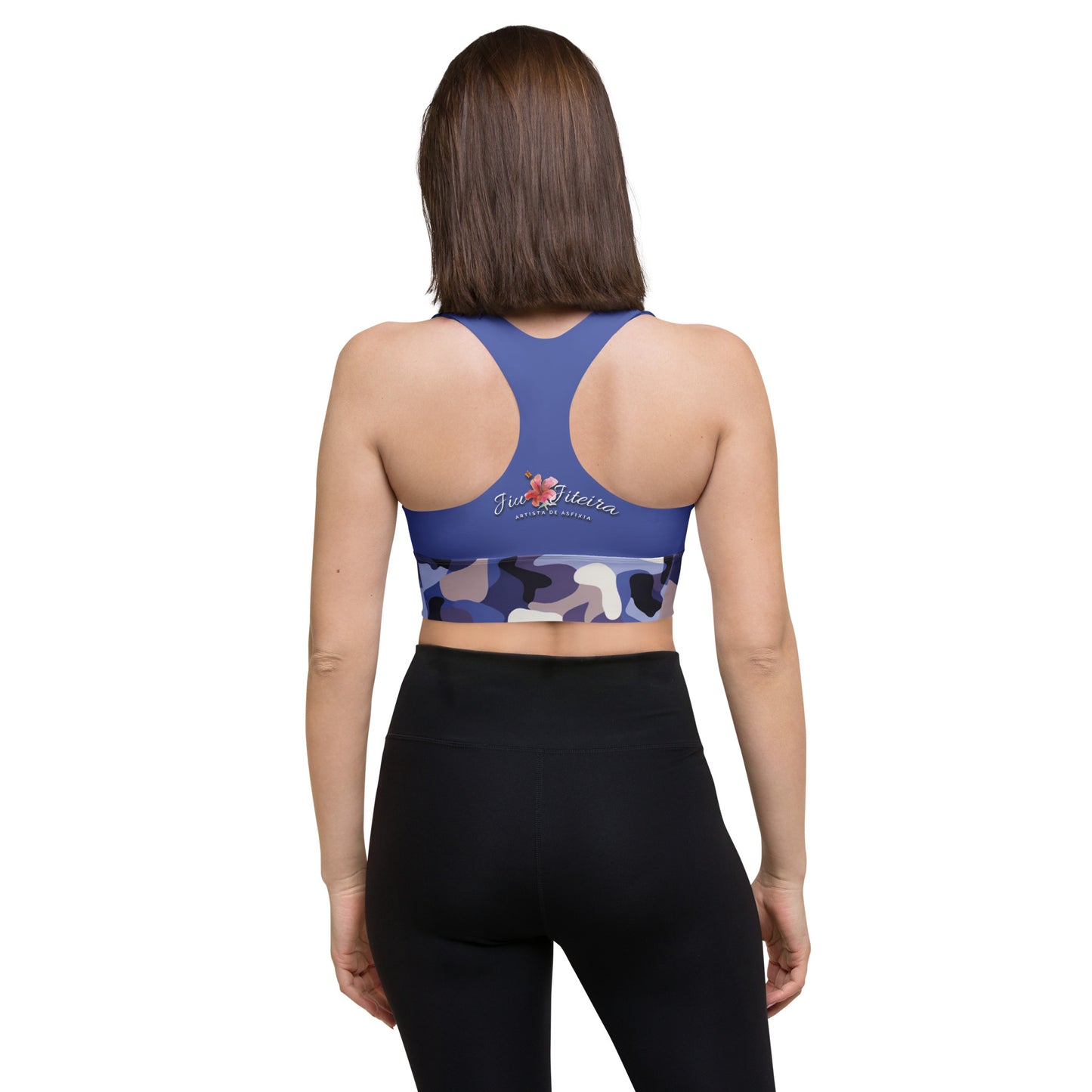 Longline sports bra- Jiujiteira Camouflage, Floral Logo, Blue