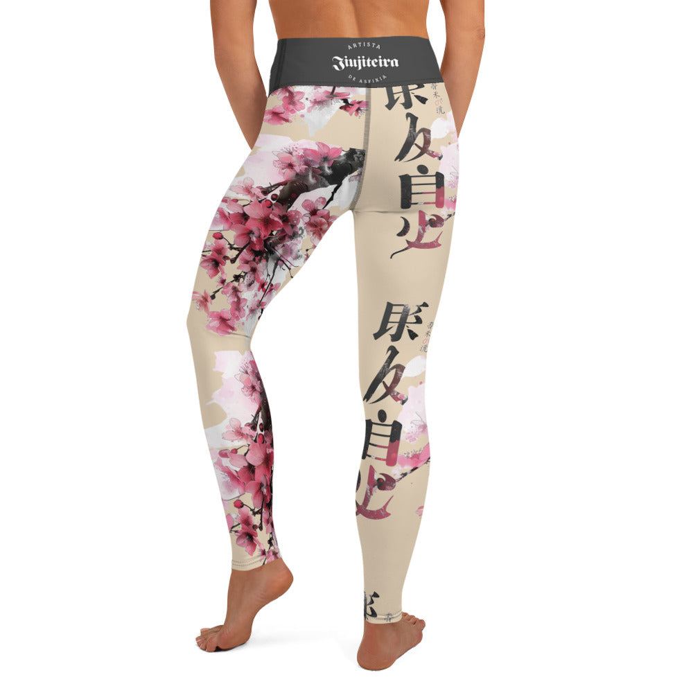 Women's BJJ Leggings- Jiujitiera Cherry Blossom Tan