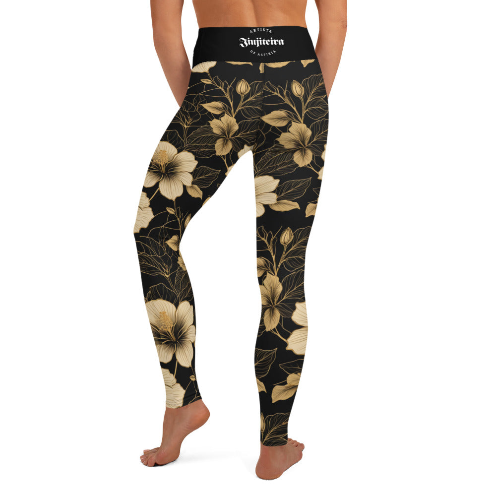 Women's BJJ Leggings- Gold Hibiscus Flower