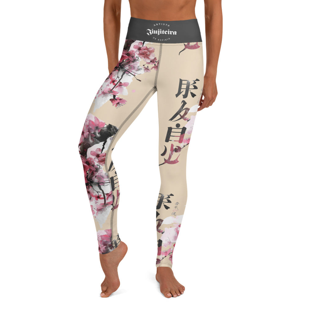 Women's BJJ Leggings- Jiujitiera Cherry Blossom Tan