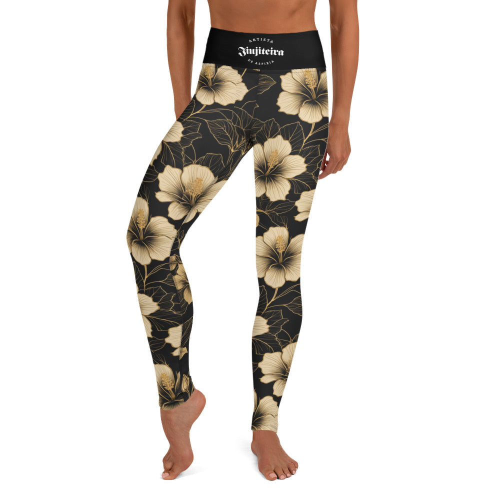 Women's BJJ Leggings- Gold Hibiscus Flower