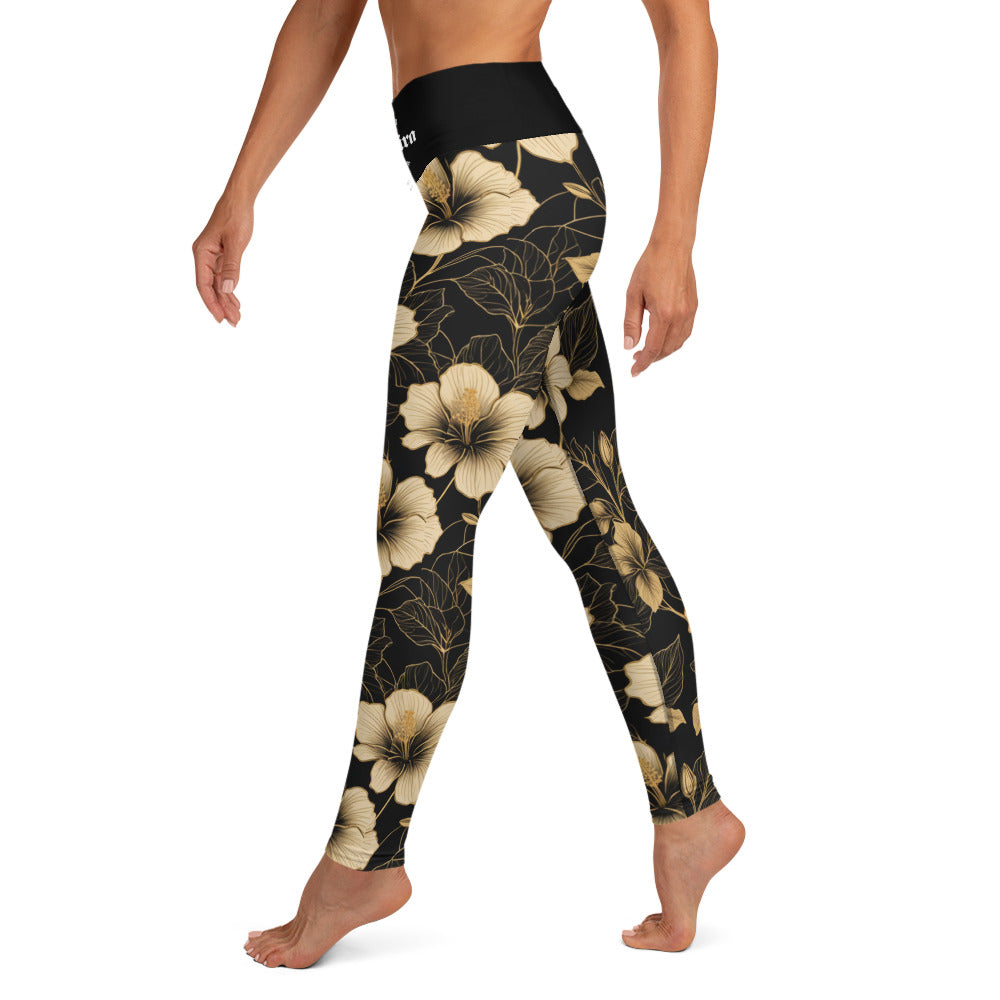 Women's BJJ Leggings- Gold Hibiscus Flower
