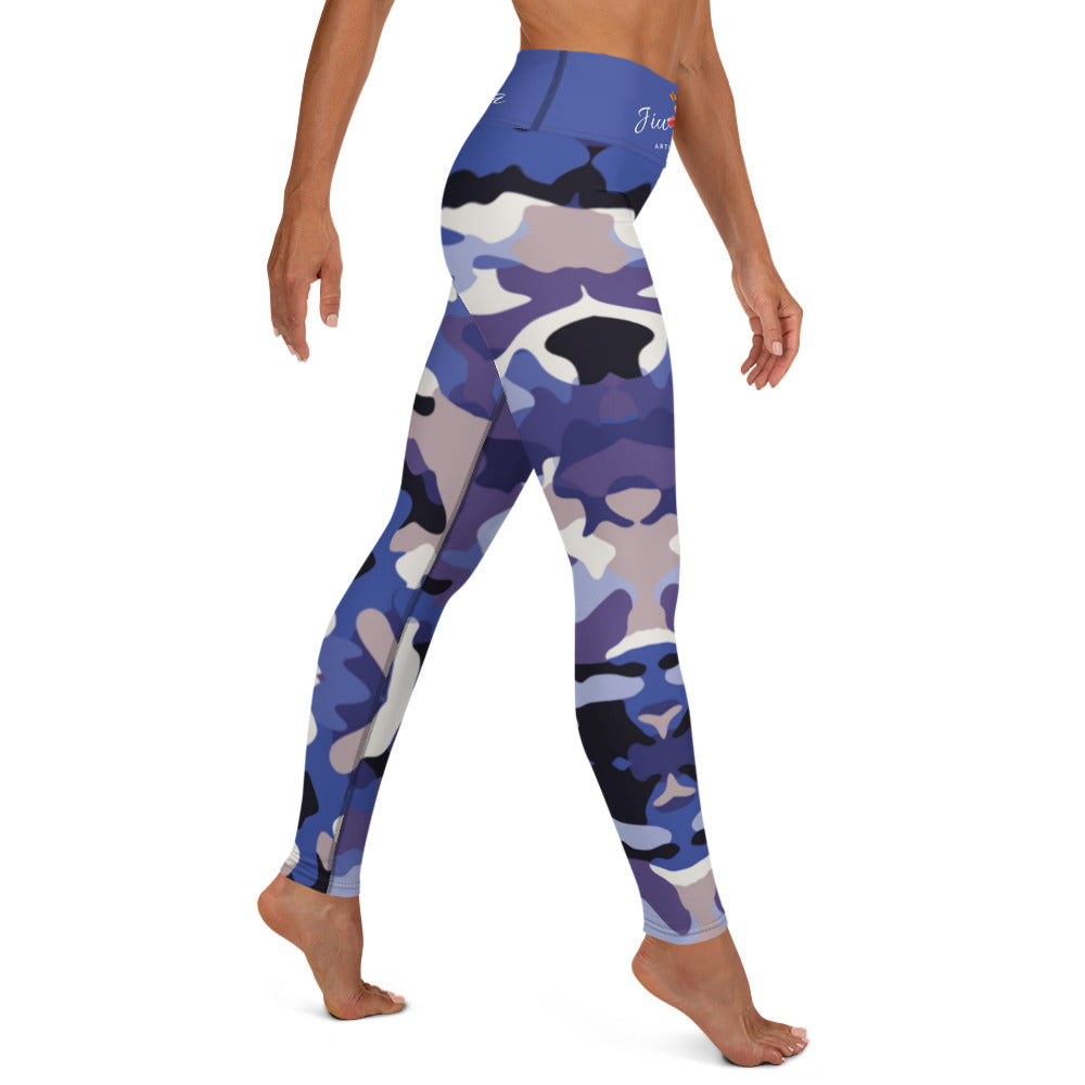 Women's BJJ Leggings- Jiujiteira Camouflage, Floral Logo, Blue Waist Band