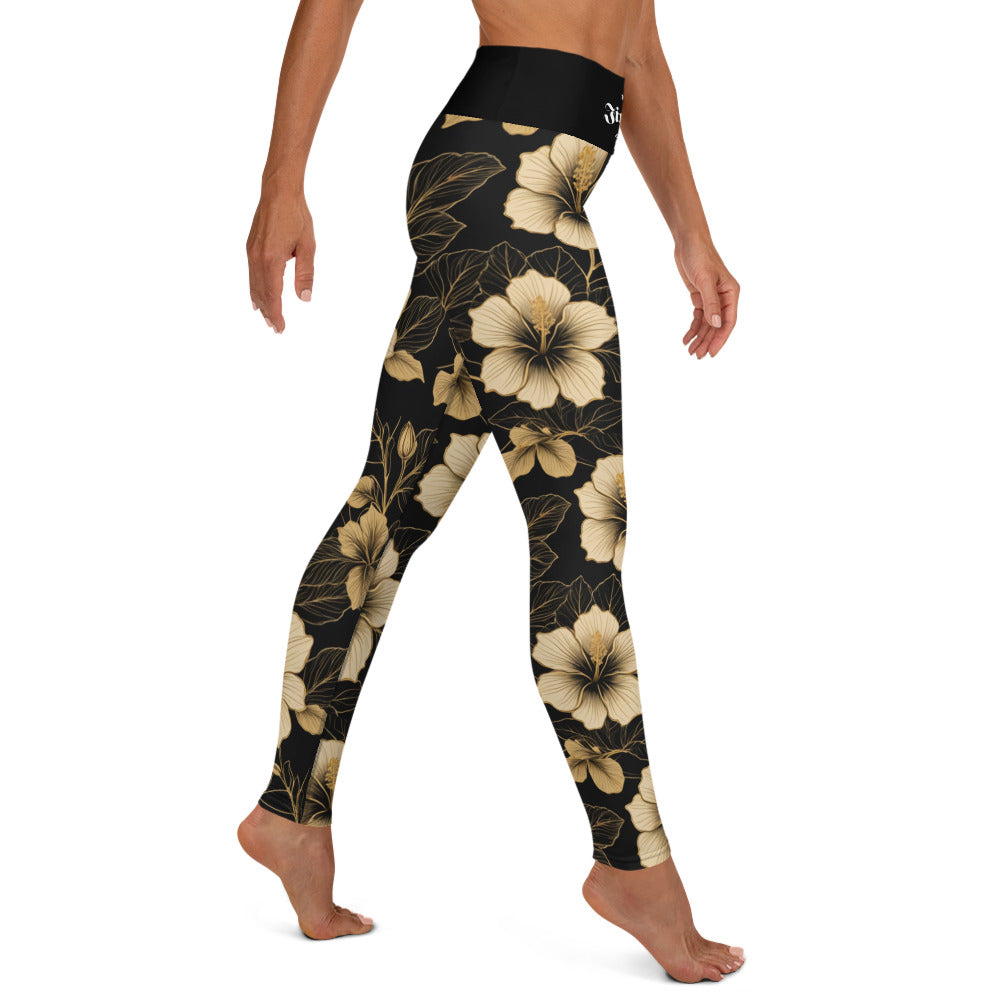 Women's BJJ Leggings- Gold Hibiscus Flower