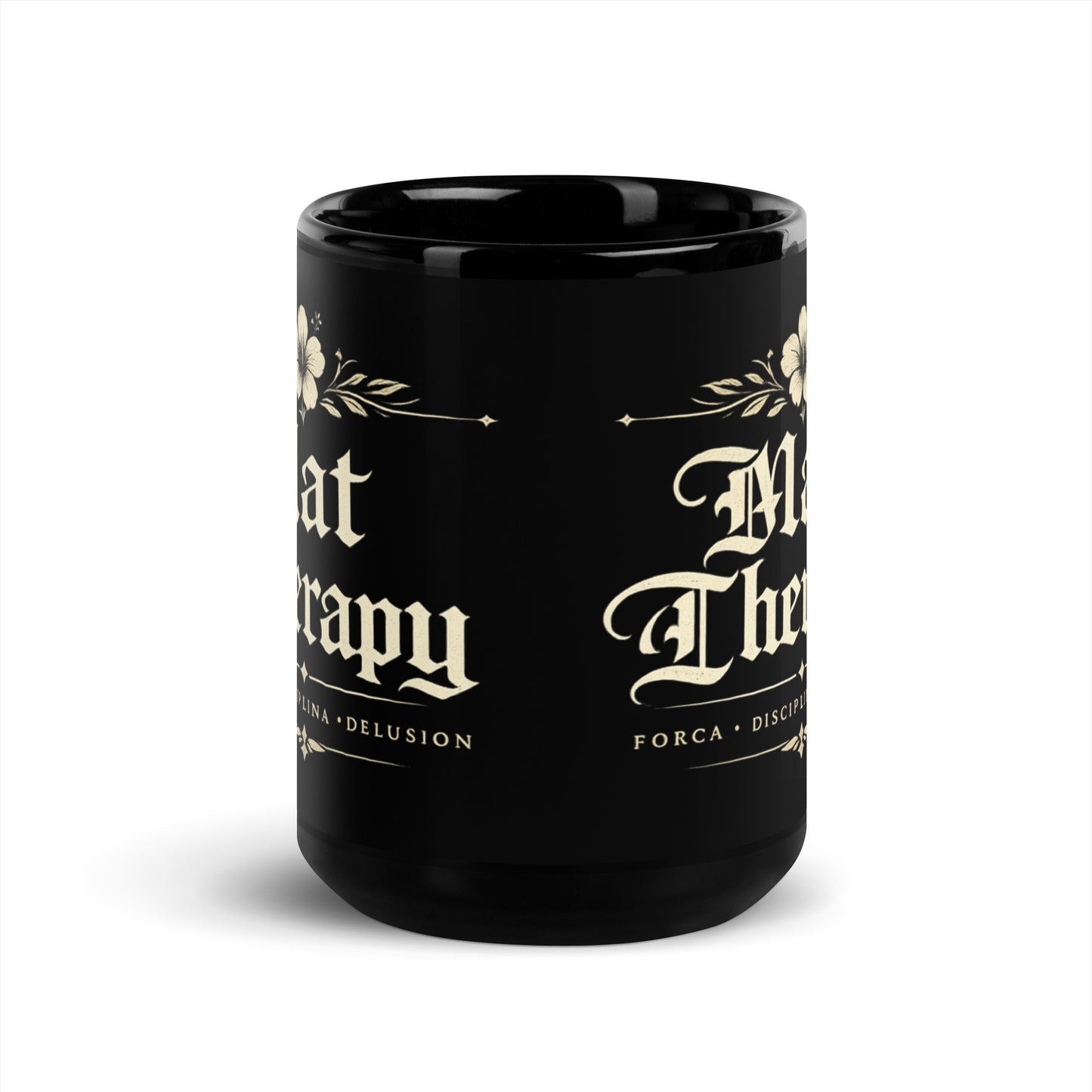 Mat Therapy Black Glossy Mug – Funny Brazilian Jiu Jitsu Coffee Mug for Grapplers