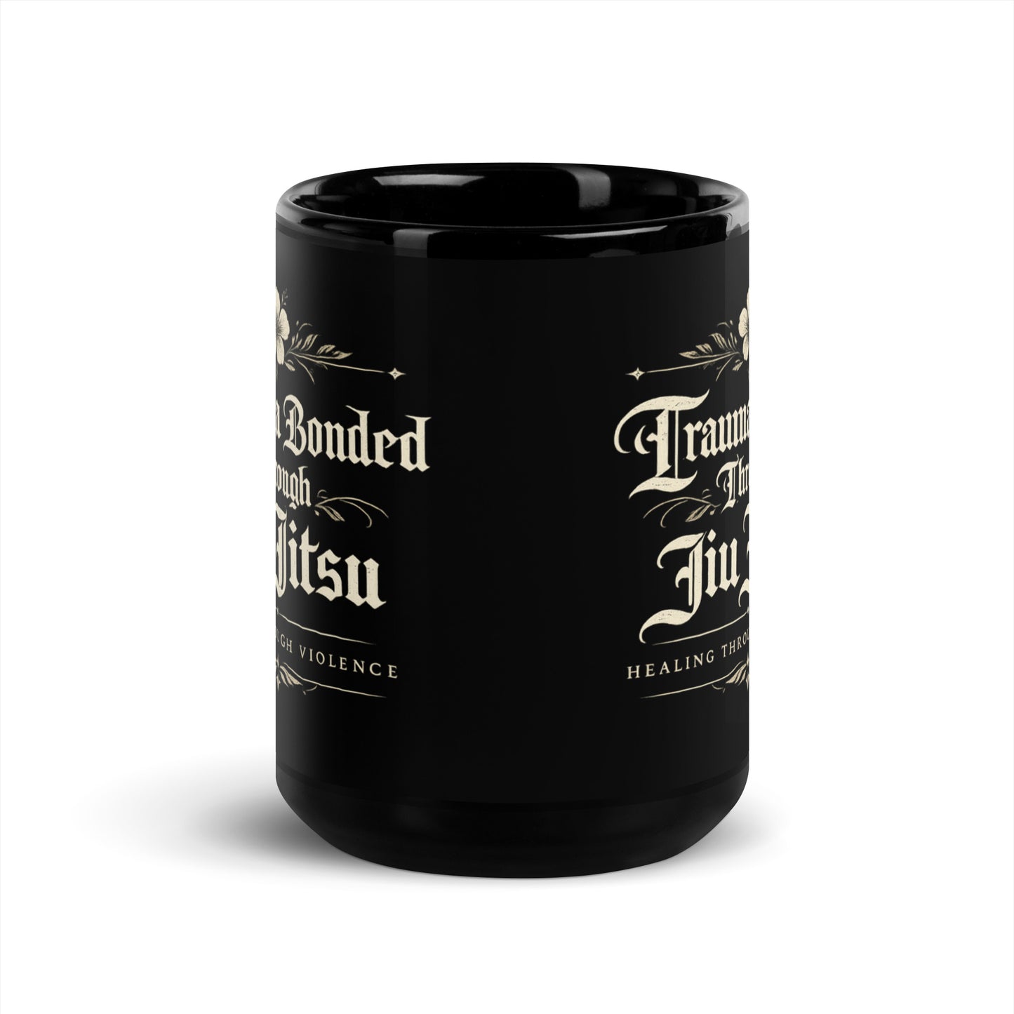 Trauma Bonded Through Jiu Jitsu Black Glossy Mug – Funny BJJ Coffee Mug for Grapplers