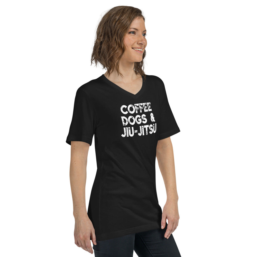 Unisex Short Sleeve V-Neck - Coffee, Dogs and Jiujitsu - The Women of Jiujitsu