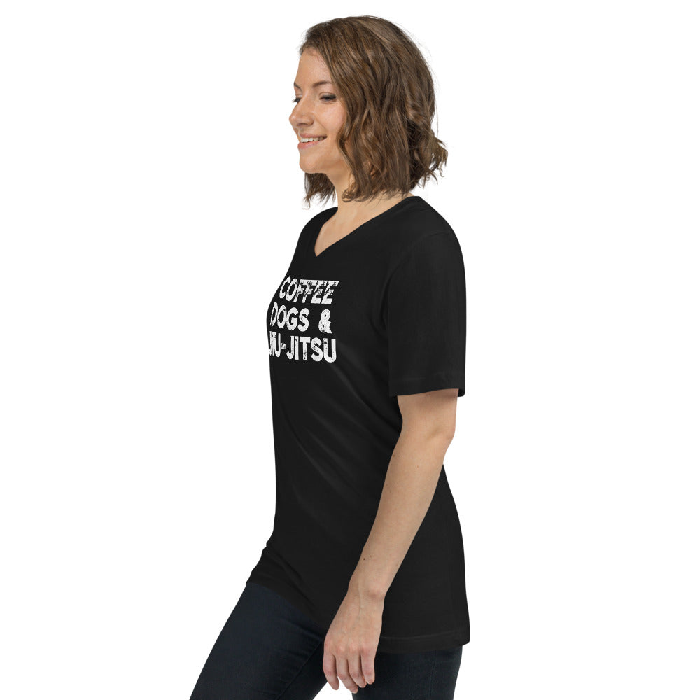 Unisex Short Sleeve V-Neck - Coffee, Dogs and Jiujitsu - The Women of Jiujitsu