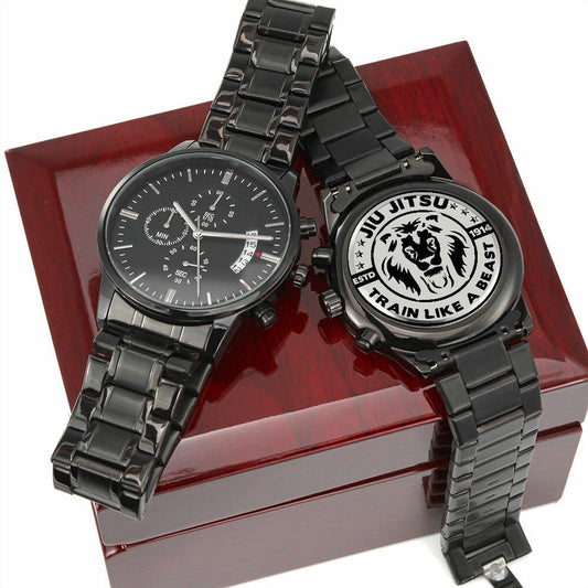 JiuJitsu Gifts for Him, BJJ Dad, Engraved Design Black Chronograph Watch, Jiujitsu Train Like A Beast