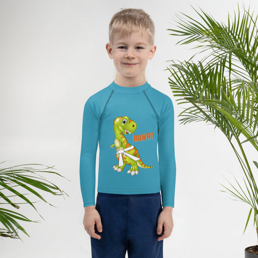 Kids BJJ Rash Guard - Jiujitsu Dinosaur Teal | Jiujiteira No-Gi Shirt for Girls (Sizes 2T–7)-rash guard-The Women of Jiujitsu