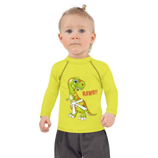 Kids BJJ Rash Guard - Jiujitsu Dinosaur Yellow | Jiujiteira No-Gi Shirt for Girls (Sizes 2T–7)-rash guard-The Women of Jiujitsu