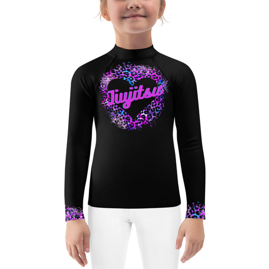 Kids BJJ Rash Guard - Jiujitsu Love NEON Leopard | Jiujiteira No-Gi Shirt for Girls (Sizes 2T–7)-rash guard-The Women of Jiujitsu