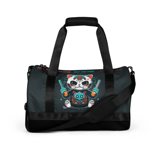 All-over print gym bag- Ninja Cat Seashell, Fear Not The Weapon But The Paw That Wields It