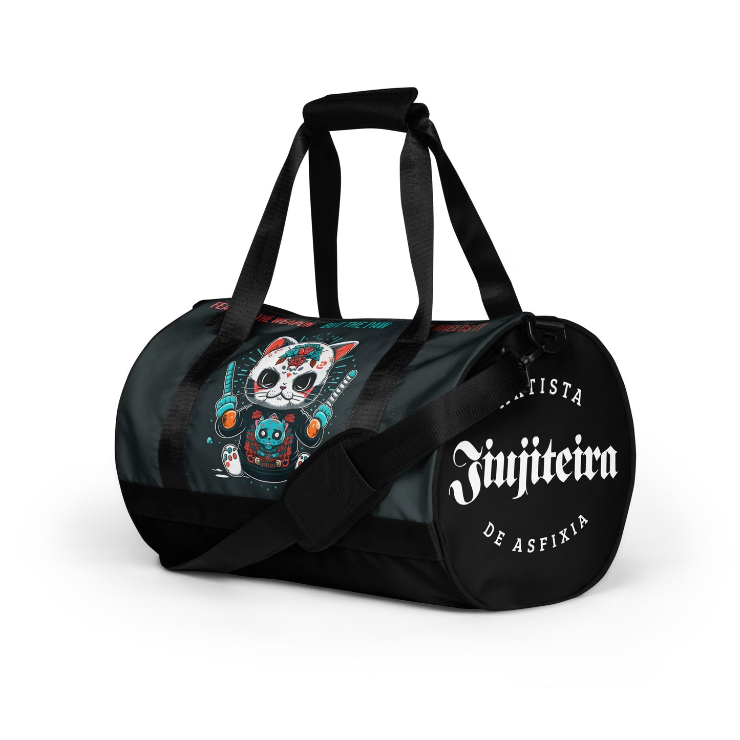 All-over print gym bag- Ninja Cat Seashell, Fear Not The Weapon But The Paw That Wields It
