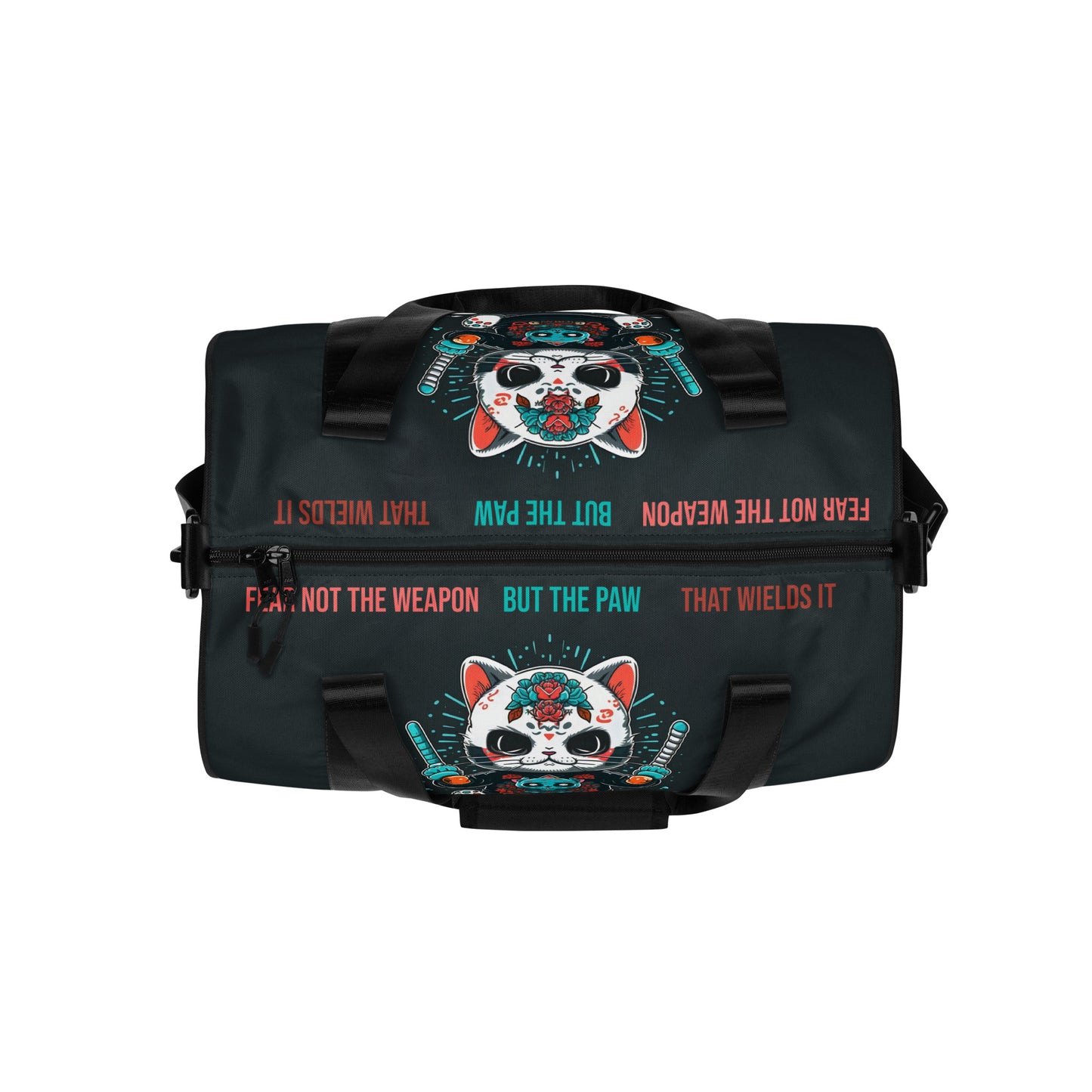 All-over print gym bag- Ninja Cat Seashell, Fear Not The Weapon But The Paw That Wields It