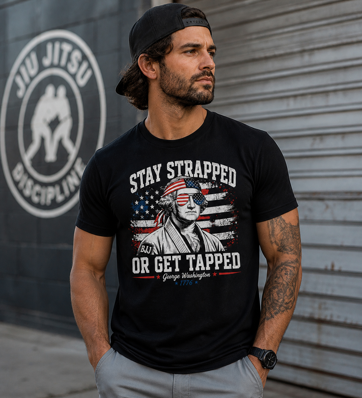 Stay Strapped or Get Tapped Shirt – Patriotic Jiu Jitsu T-Shirt | Funny BJJ George Washington Tee | 4th of July Grappling Shirt - The Women of Jiujitsu