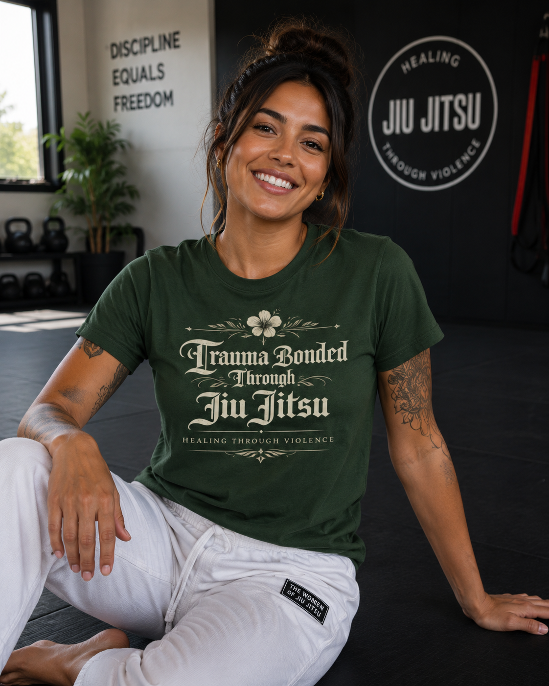 Trauma Bonded Through Jiu Jitsu Unisex Graphic T-Shirt – Funny BJJ Lifestyle Shirt for Grapplers