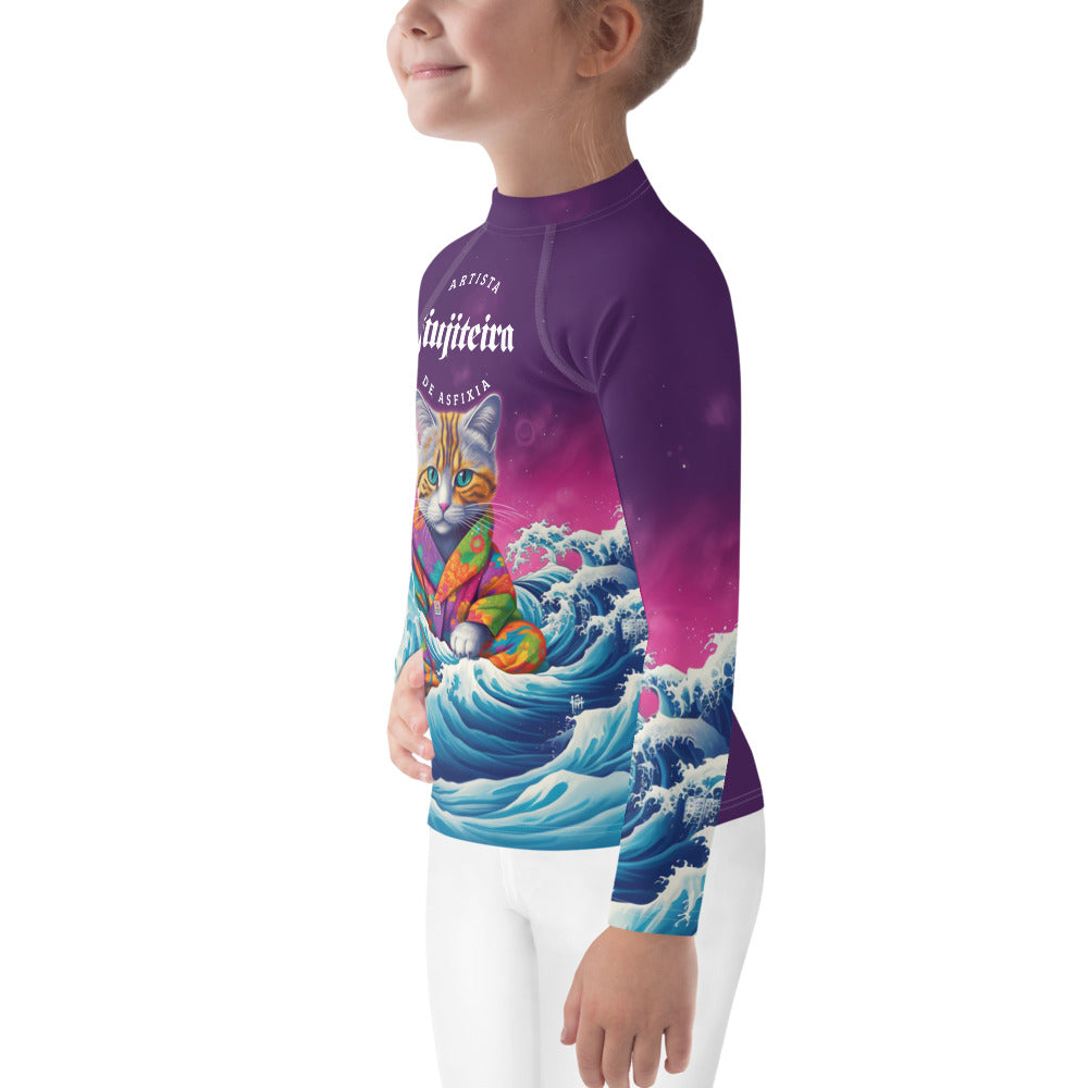 Kids BJJ Rash Guard - Great Wave Inspired Jiujiteira Kitten | Jiujiteira No-Gi Shirt for Girls (Sizes 2T–7)-rash guard-The Women of Jiujitsu