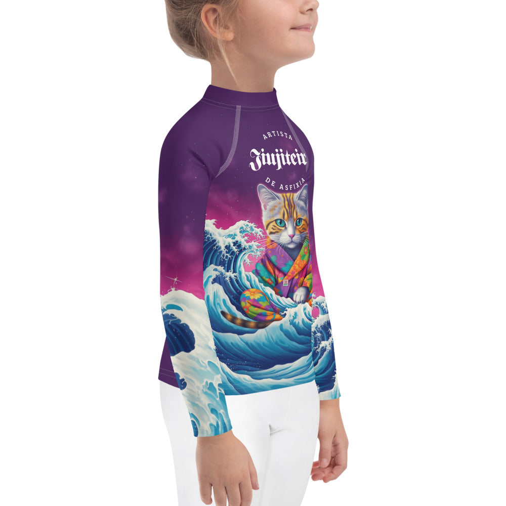 Kids BJJ Rash Guard - Great Wave Inspired Jiujiteira Kitten | Jiujiteira No-Gi Shirt for Girls (Sizes 2T–7)-rash guard-The Women of Jiujitsu