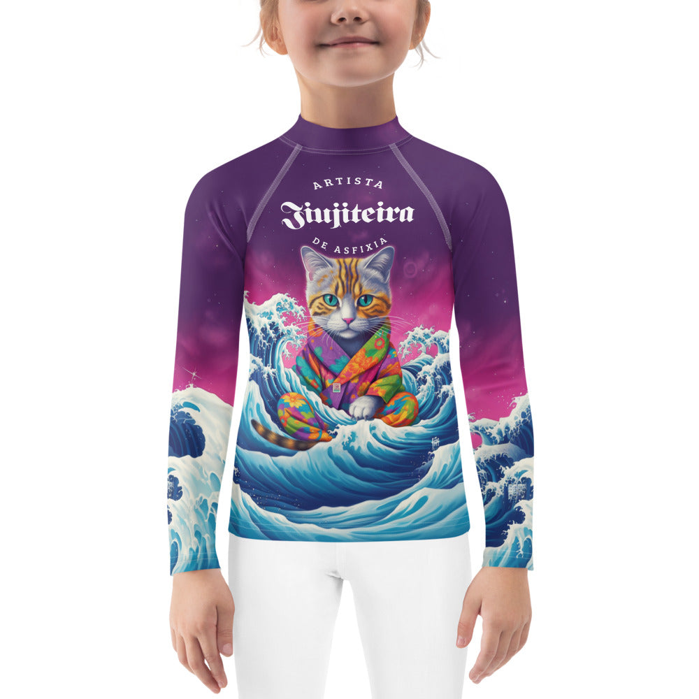 Kids BJJ Rash Guard - Great Wave Inspired Jiujiteira Kitten | Jiujiteira No-Gi Shirt for Girls (Sizes 2T–7)-rash guard-The Women of Jiujitsu