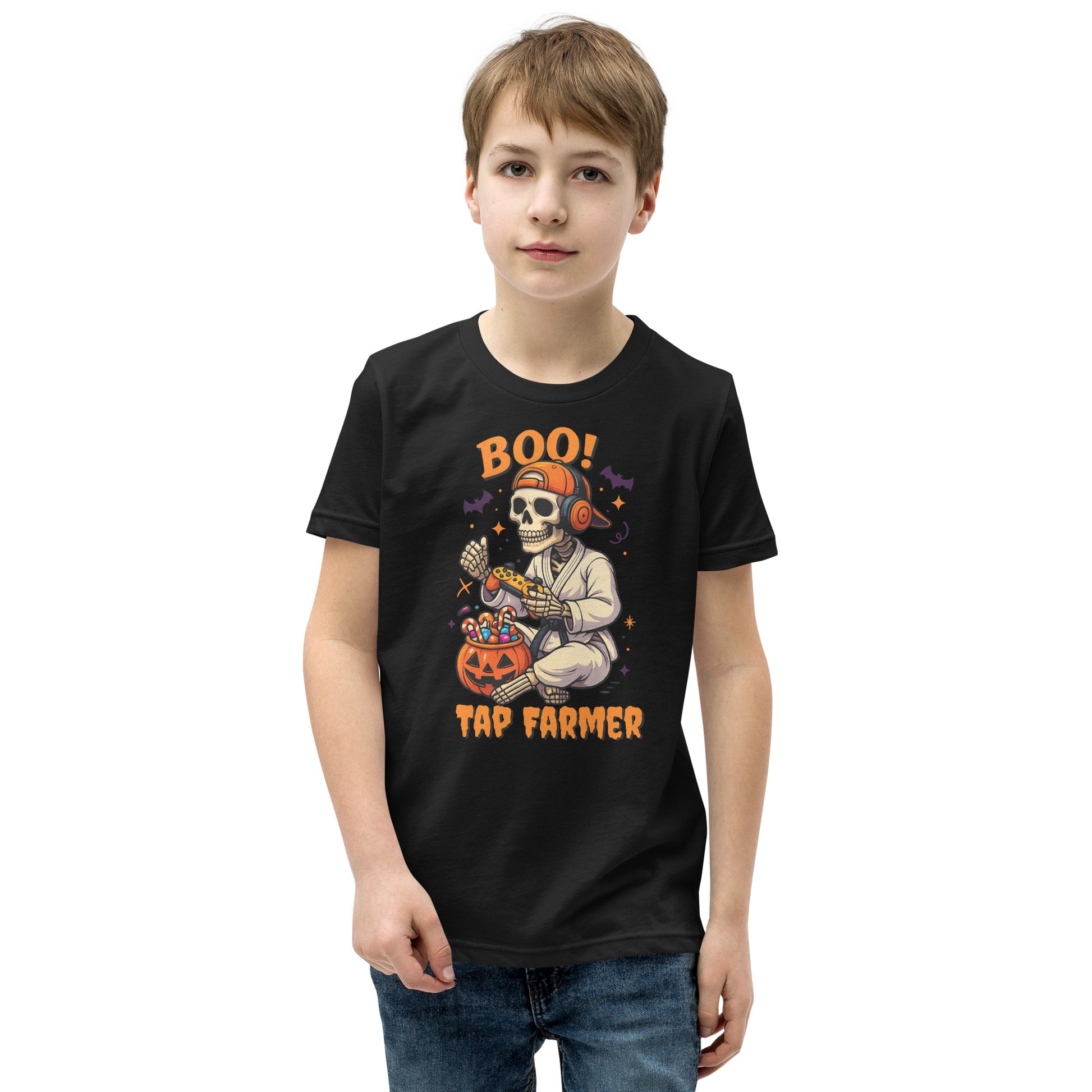 Tap Farmer BJJ Skeleton Halloween Shirt – Funny Youth Jiu-Jitsu Tee | BOO! Gamer Martial Arts T-Shirt