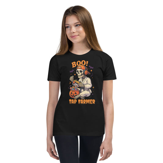 Tap Farmer BJJ Skeleton Halloween Shirt – Funny Youth Jiu-Jitsu Tee | BOO! Gamer Martial Arts T-Shirt