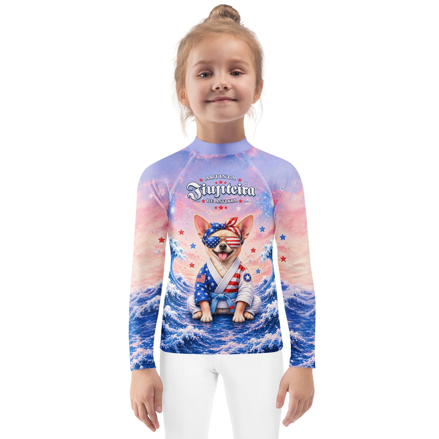 Jiujiteira Patriotic Chihuahua Kids Rash Guard | Funny BJJ Youth Rashguard | American Flag No-Gi Jiu Jitsu Shirt for Girls & Boys 🇺🇸🥋