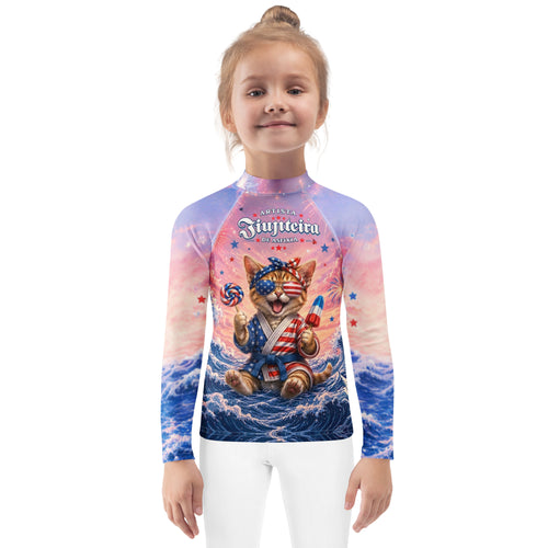 Kids Patriotic Cat Rash Guard | Funny 4th of July BJJ Rashguard for Boys & Girls | Jiujiteira No-Gi Compression Shirt
